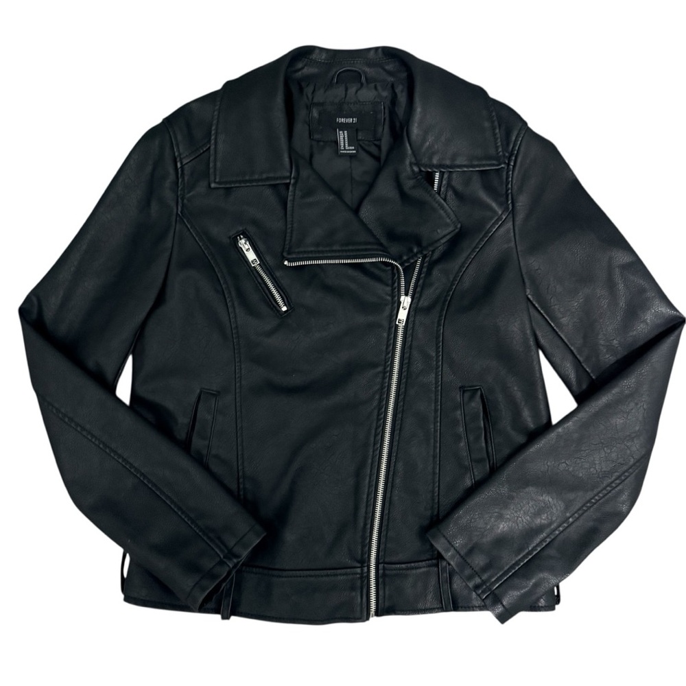 Forever 21 Biker Jacket Black Faux Leather Motorcycle Jacket Womens Medium